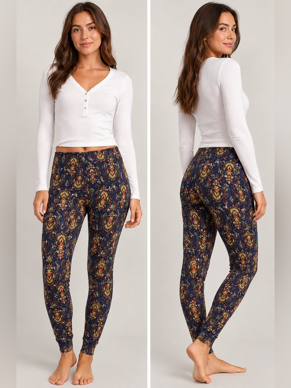 LuLaRoe One Size Boho Paisley Floral Leggings Blue Yellow OS